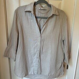ZARA LINEN 3/4 SLEEVE BUTTON UP BLOUSE
